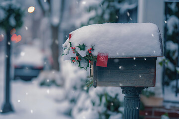 Snow-covered mailbox decorated for Christmas in snowy suburban street
