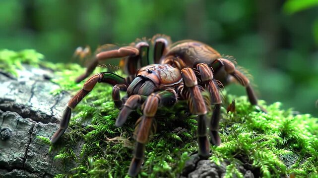 A large hairy tarantula spider with brown and black markings crawls slowly across a vibrant green mossy log in a lush natural forest environment showcasing its intricate details and powerful legs in .