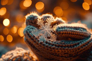 Close-up of knitted mittens holding a delicate snowflake with warm bokeh background