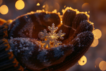 Woolen mittens holding a crystal snowflake in warm winter light
