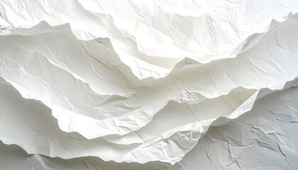 Close-up of layered white, crumpled paper, creating a textured abstract landscape. Varying shadows enhance the folds, adding depth