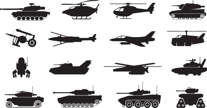 Black silhouette military vehicles and aircraft set on white background tank helicopter