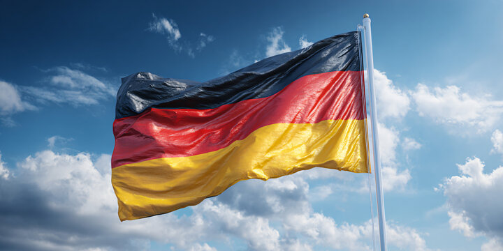 A German flag flutters dynamically in a fresh breeze against a clear blue sky symbolizing national pride and unity on a bright sunny day