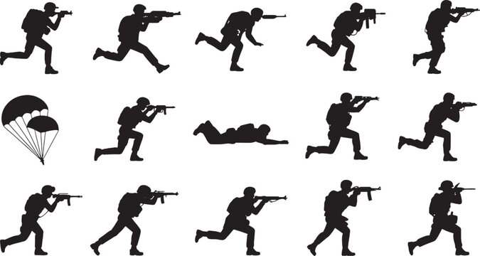 Black silhouette soldiers in action with rifles and parachute military white