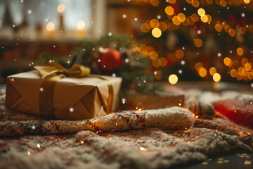 Cozy Christmas gift box with golden ribbon on blanket, festive lights and snow