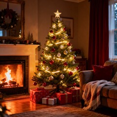 벽난로옆크리스마스트리가있는따뜻한거실풍경