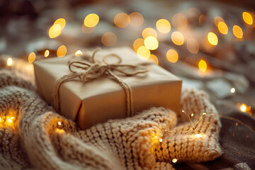Warm Christmas gift on cozy knit blanket with glowing holiday lights