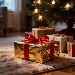 크리스마스아침_트리아래_빨간리본_금색선물상자