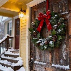 빨간리본과_솔방울로_장식한_크리스마스리스가_걸린_눈내린_현관문