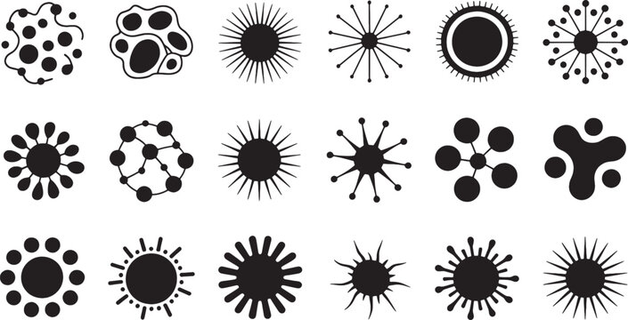 Collection of black abstract organic shapes and sunburst icons vector