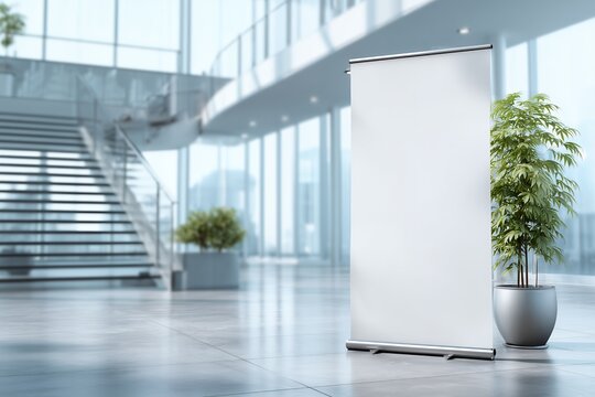 Blank white roll up banner stand mockup in a modern lobby with staircase and windows, concept for advertising campaign, event promotion and product demonstration