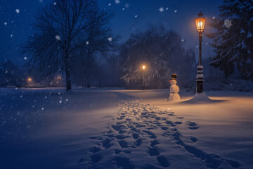 Snowy winter park at night with footprints, lanterns, and a snowman