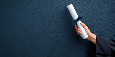 A person in a formal gown and mortarboard cap clutching a rolled university degree scroll with both hands against a textured navy backdrop signifying academic success and future aspirations