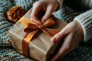 Hands tying a ribbon on a rustic gift box, cozy holiday mood