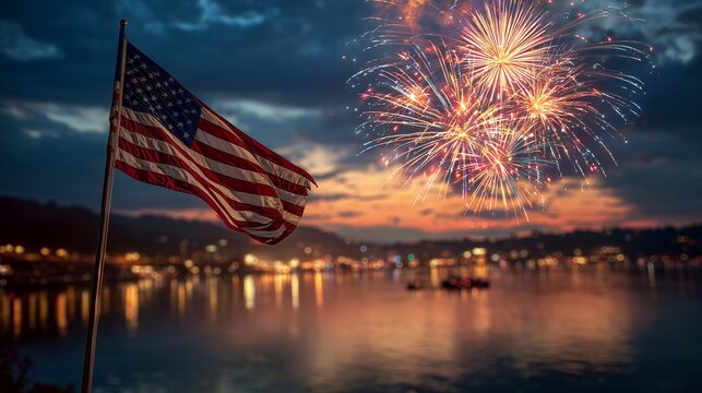 American flag waving at night with colorful fireworks reflecting on the water. Concept for Independence Day celebrations, patriotic holiday events and national pride promotion - Powered by Adobe