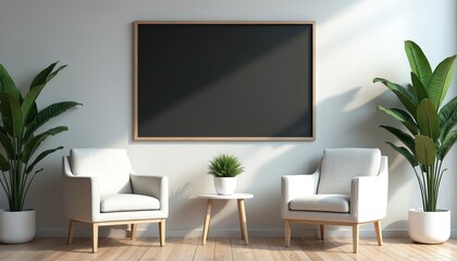 Modern office waiting area with comfortable chairs, green plants, blank chalkboard for messages. Minimalist interior design with wood floor, bright natural light. Mockup for presentation advertising.
