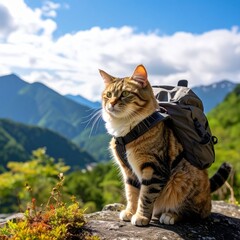 Obraz premium Mountain Adventurer Tabby Cat with a Backpack Resting on a Rock Overlooking Lush Japanese Peaks