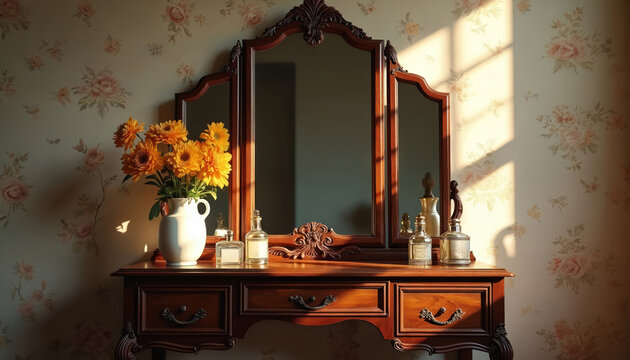 Antique wooden vanity with mirror flowers and vintage toiletries. Illustration of a classic bedroom interior with elegant decor. Room design includes furniture and floral wallpaper with sunlight.