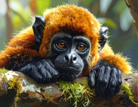 Close-up of a reddish-orange monkey resting on a branch