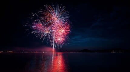 Colorful fireworks illuminate the night sky over water, reflecting in the calm surface, creating a festive atmosphere. Concept for celebration backgrounds, holiday themes and outdoor event photography