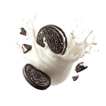 Milk Splash with Oreo Cookie Pieces on Transparent Background