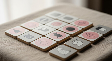 Educational wooden matching game tiles with charming animal and object illustrations for children