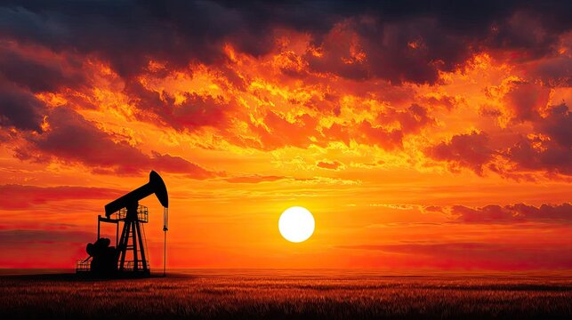 Oil pumps silhouetted at sunset with financial data charts concept. Silhouette of an oil pumpjack under a vibrant sunset sky.
