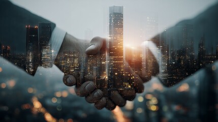 Businessmen handshake with city skyline double exposure during evening time, concept for mergers and acquisitions, corporate partnerships and global business connections.