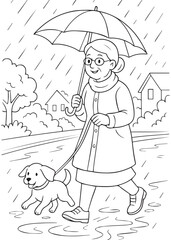 coloring book mother walking dog under umbrella in rain
