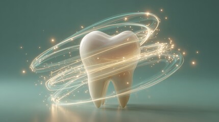 Close-up of a shiny white tooth surrounded by glowing energy trails on a turquoise backdrop, concept for dental hygiene presentation, teeth whitening products and pediatric dentistry designs
