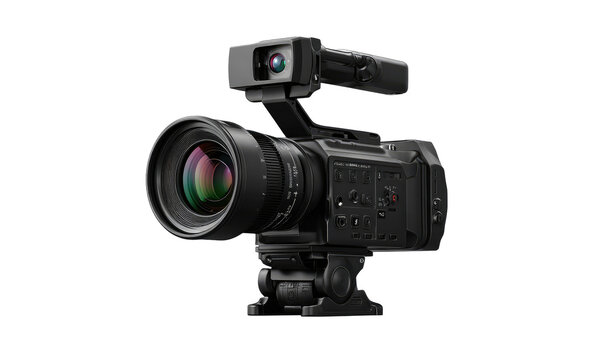 Professional video camera with large lens and attached accessories