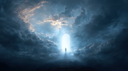 Obraz premium A person is standing in front of a large open door in a dark sky. The sky is filled with clouds, and the person appears to be looking up at the sky. Scene is one of wonder and awe