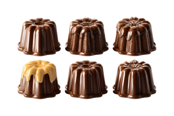 Six rich decadent chocolate desserts arranged in two rows capturing gourmet sweet treat presentation isolated on transparent background