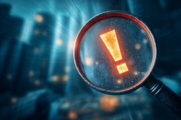 Glowing exclamation mark under magnifying glass with dark city background. Concept for danger alert, security vulnerability and critical risk assessment process