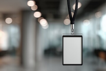 Vertical blank name tag or ID card on a black lanyard, hanging in blurred office interior. Concept for event identification, employee recognition and conference registration