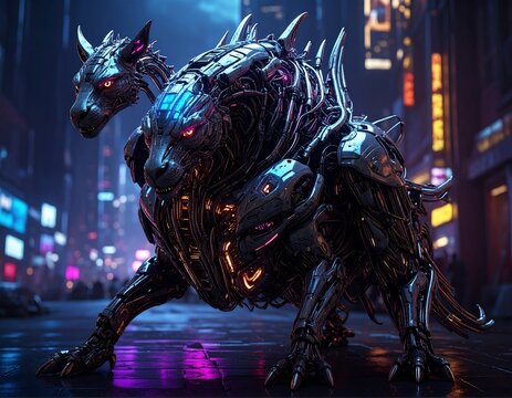 Futuristic, two-headed cybernetic beast stands on a city street