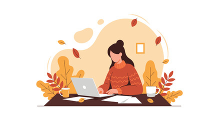 Cozy autumn remote work Woman on laptop surrounded by fall leaves and warm colors