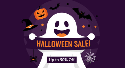 Halloween Sale banner with cartoon ghost 50 off discount promotion