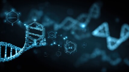 Vibrant blue abstract visuals of molecular structures and DNA strands against a dark background highlight genetic design.