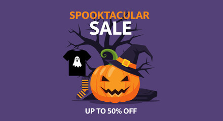 Halloween Spooktacular Sale banner illustration with jackolantern witch hat and ghost shirt for retail marketing
