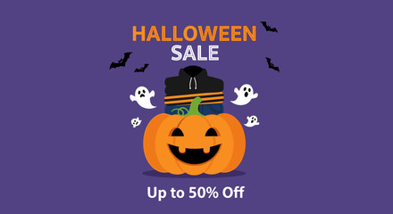 Halloween Sale graphic with pumpkin ghosts bats and clothes on a purple background