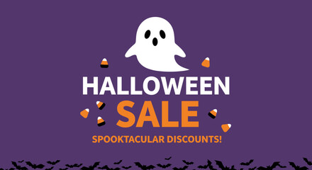 Halloween Sale banner with cartoon ghost candy corn and spooky discounts on purple background