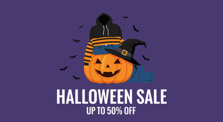 Halloween Sale illustration Carved pumpkin mascot wearing costume clothes and a witch hat