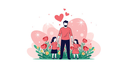 Fototapeta premium A father holding his two daughters' hands surrounded by flowers and hearts.