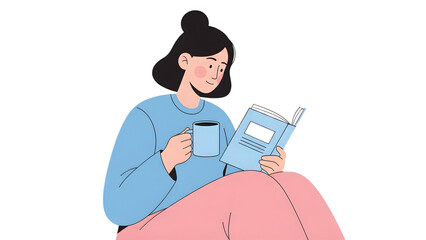 Woman reading book while drinking coffee digital detox minimal flat illustration relaxing offline lifestyle concept