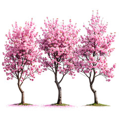 Three flowering trees with pink blossoms on green grass against a black background