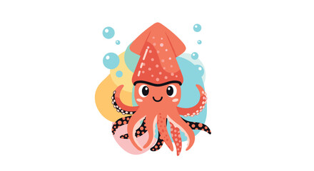 Fototapeta premium A cute cartoon squid with a playful expression floats among colorful bubbles and abstract shapes.