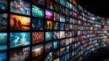 A wall of television screens displaying a variety of images. Scene is energetic and lively, with a sense of movement and excitement. The idea behind the image is to showcase the diversity