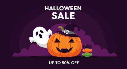 Spooky Halloween Sale vector illustration featuring pumpkin ghost and candy