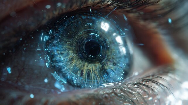 Close-up of a human eye with digital interface elements overlaid showing holographic technology, concept for artificial intelligence, virtual reality and biometric identification